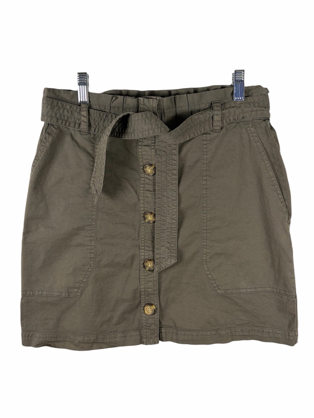 Abercrombie & Fitch Olive Green Paperbag Waist Belted Button Front Mini Skirt M